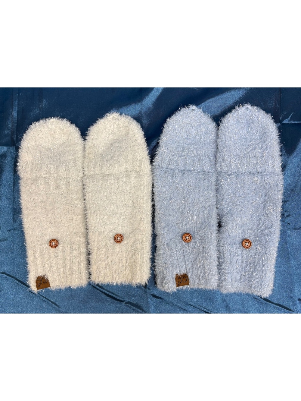 C.C Metallic Eyelash Sparkle Convertible Gloves Two Pair One White One Blue